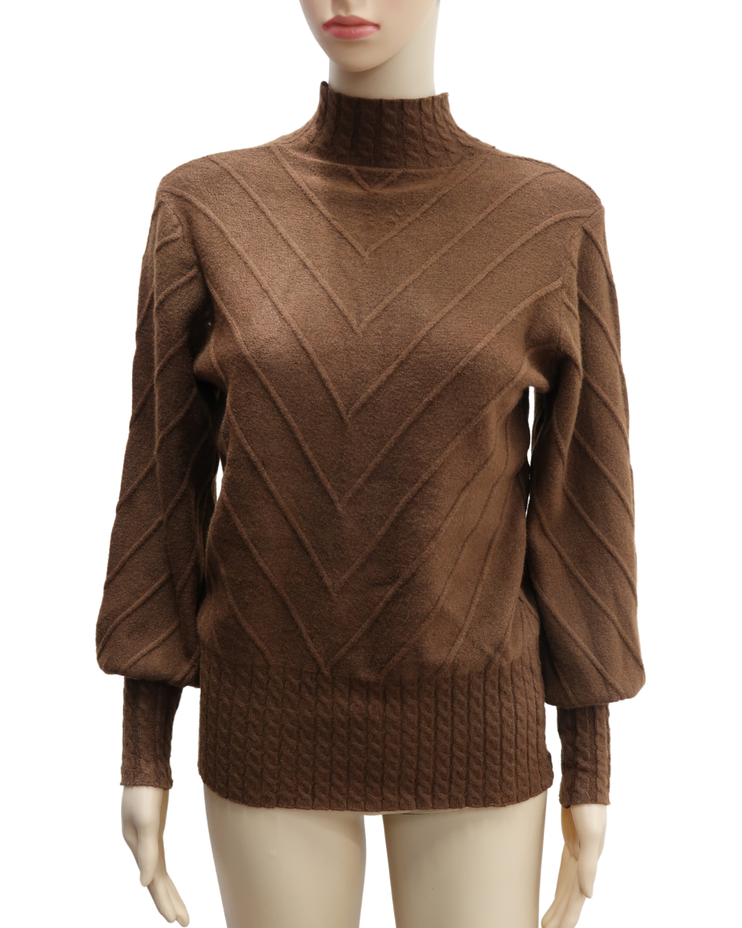 Pull col montant marron chocolat à motifs - S