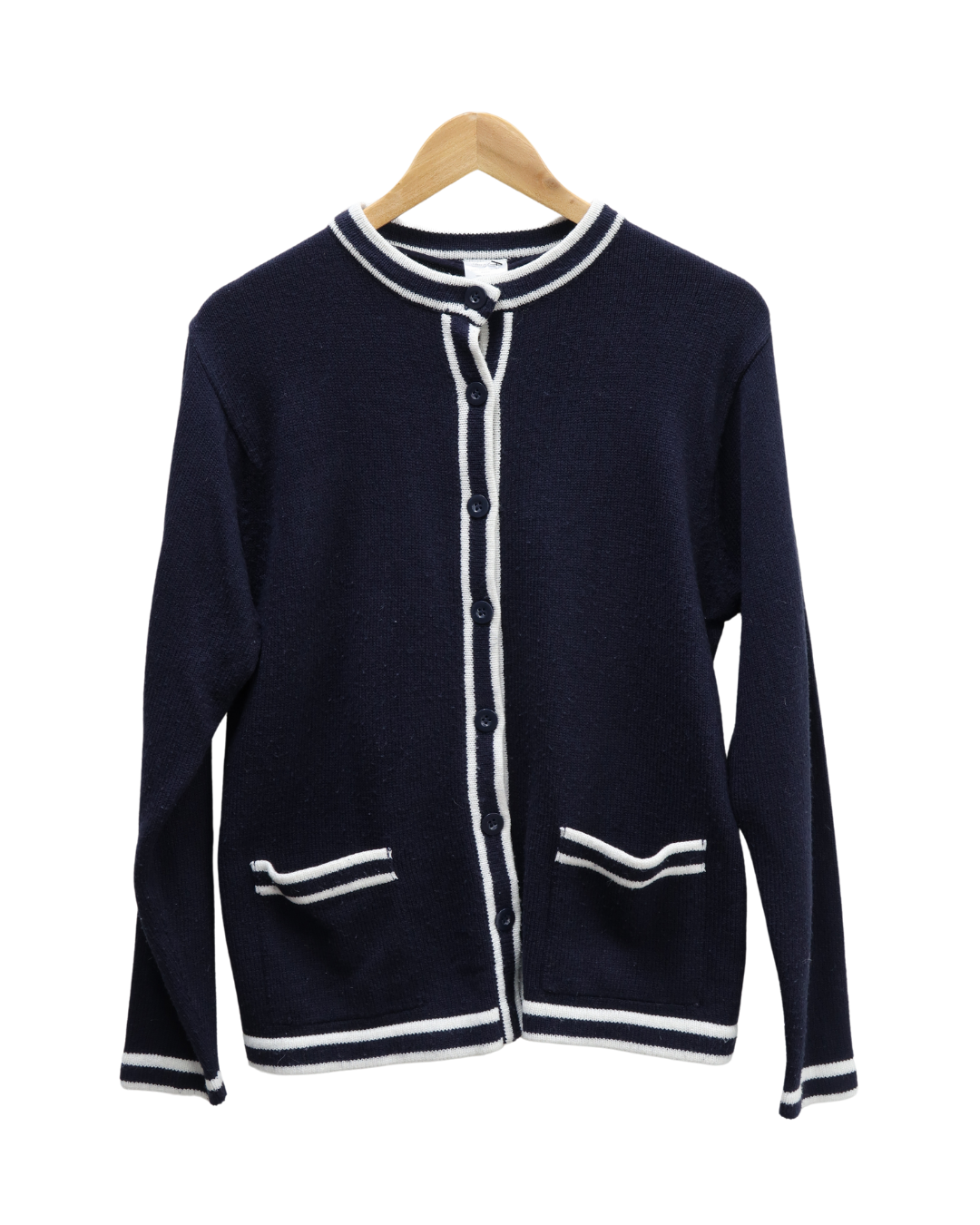 Cardigan en laine bleu marine et blanc - Anne de Lancay - L/XL