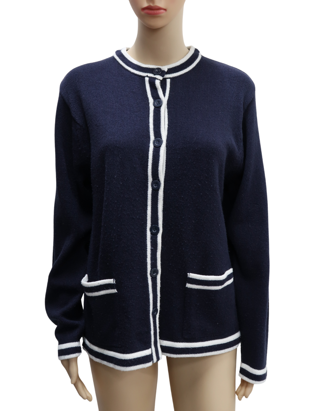 Cardigan en laine bleu marine et blanc - Anne de Lancay - L/XL