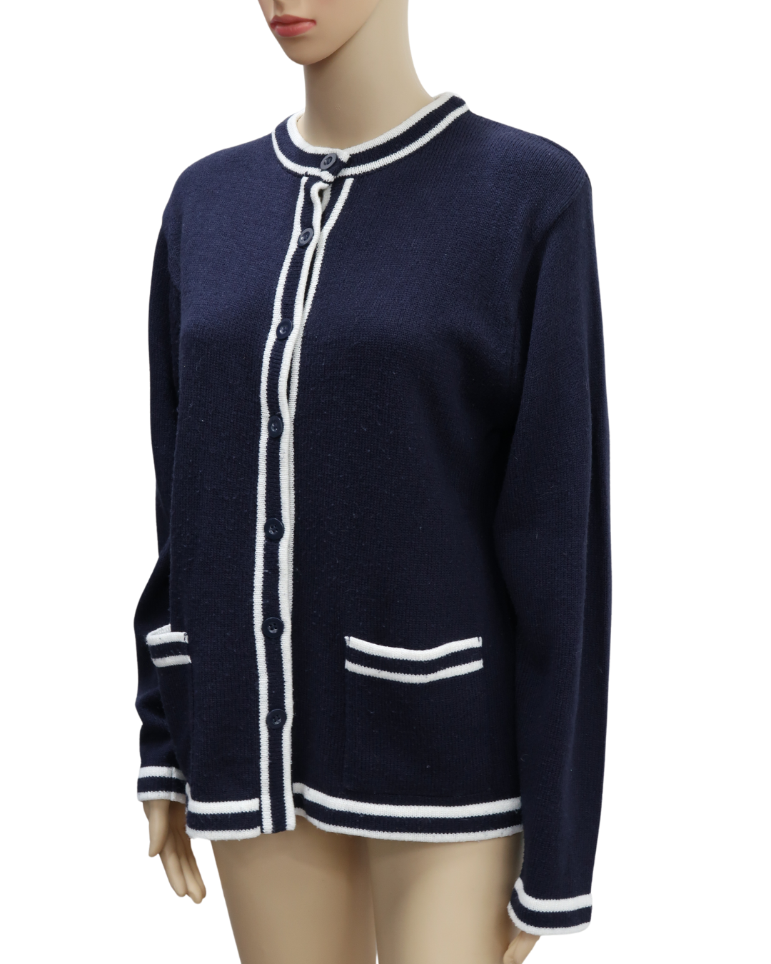 Cardigan en laine bleu marine et blanc - Anne de Lancay - L/XL