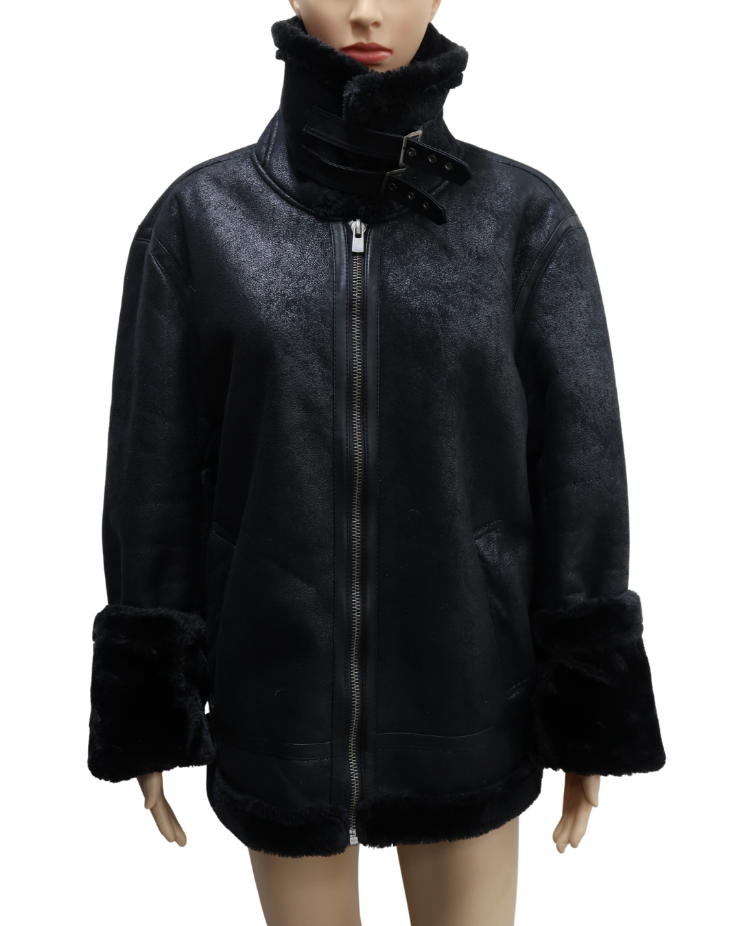 Manteau noire doublée moumoute noire - XL