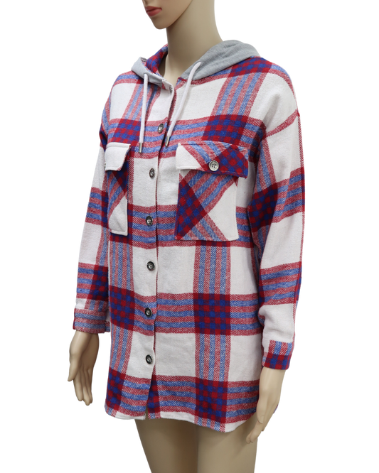 Veste style chemise à capuche et à carreaux crème - Polo Live - S/M