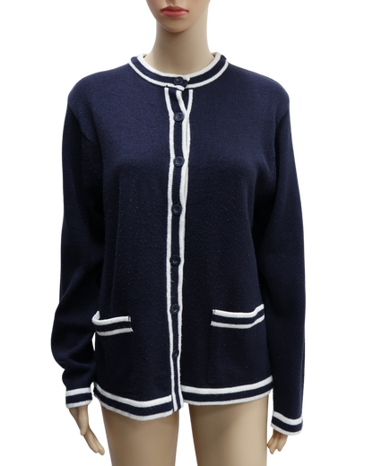 Cardigan en laine bleu marine et blanc - Anne de Lancay - L/XL