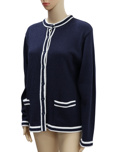 Cardigan en laine bleu marine et blanc - Anne de Lancay - L/XL