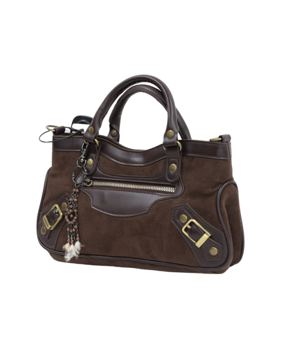 Sac à main marron foncé effet daim avec plumes