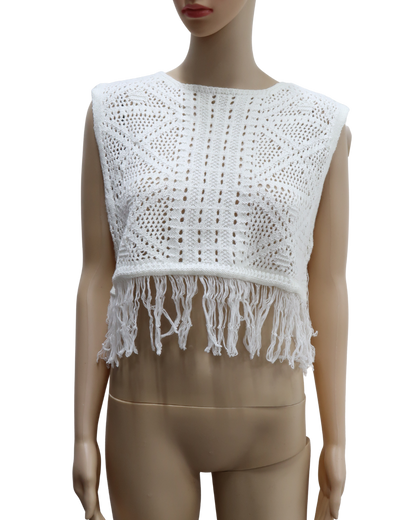 Haut blanc sans manches à franges - L