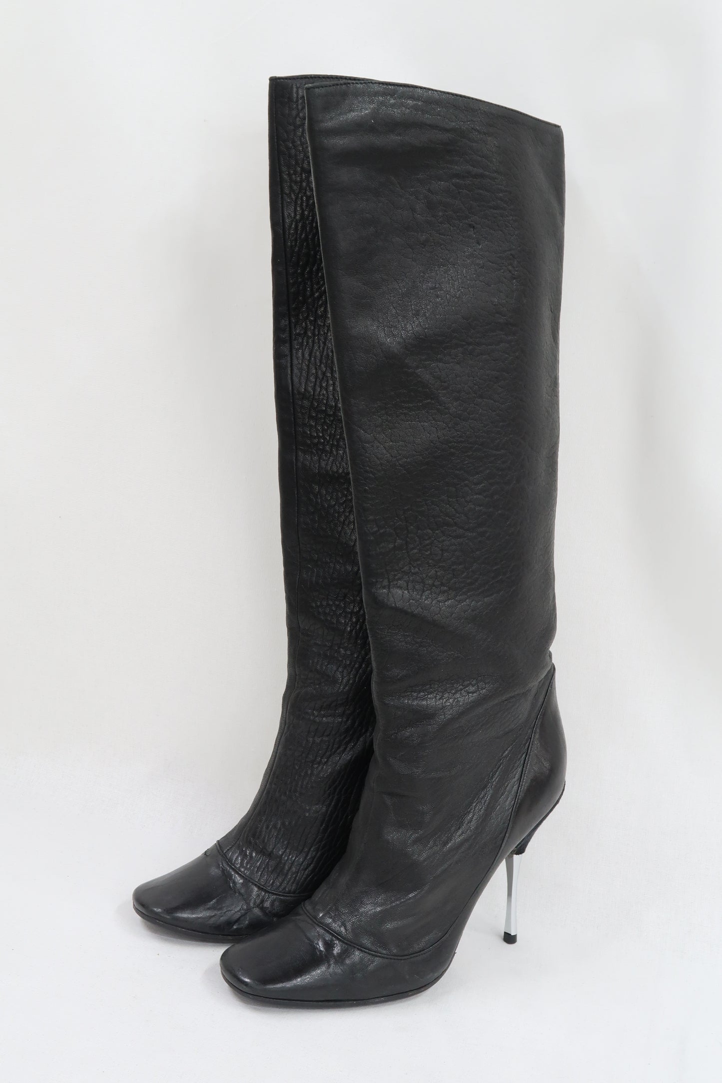 Bottes hautes noires en cuir et à talons aiguilles - Lanvin - 38