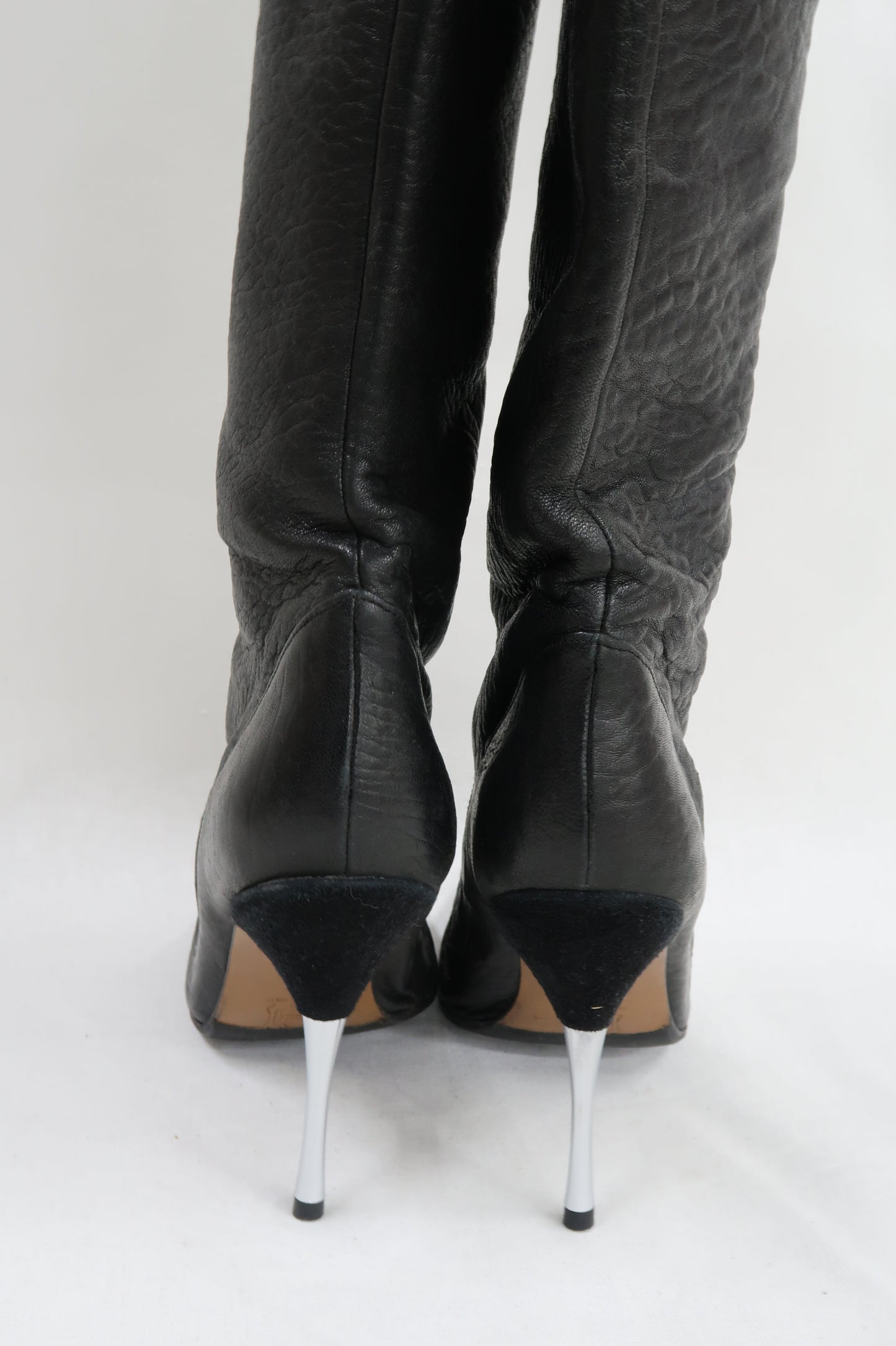 Bottes hautes noires en cuir et à talons aiguilles - Lanvin - 38