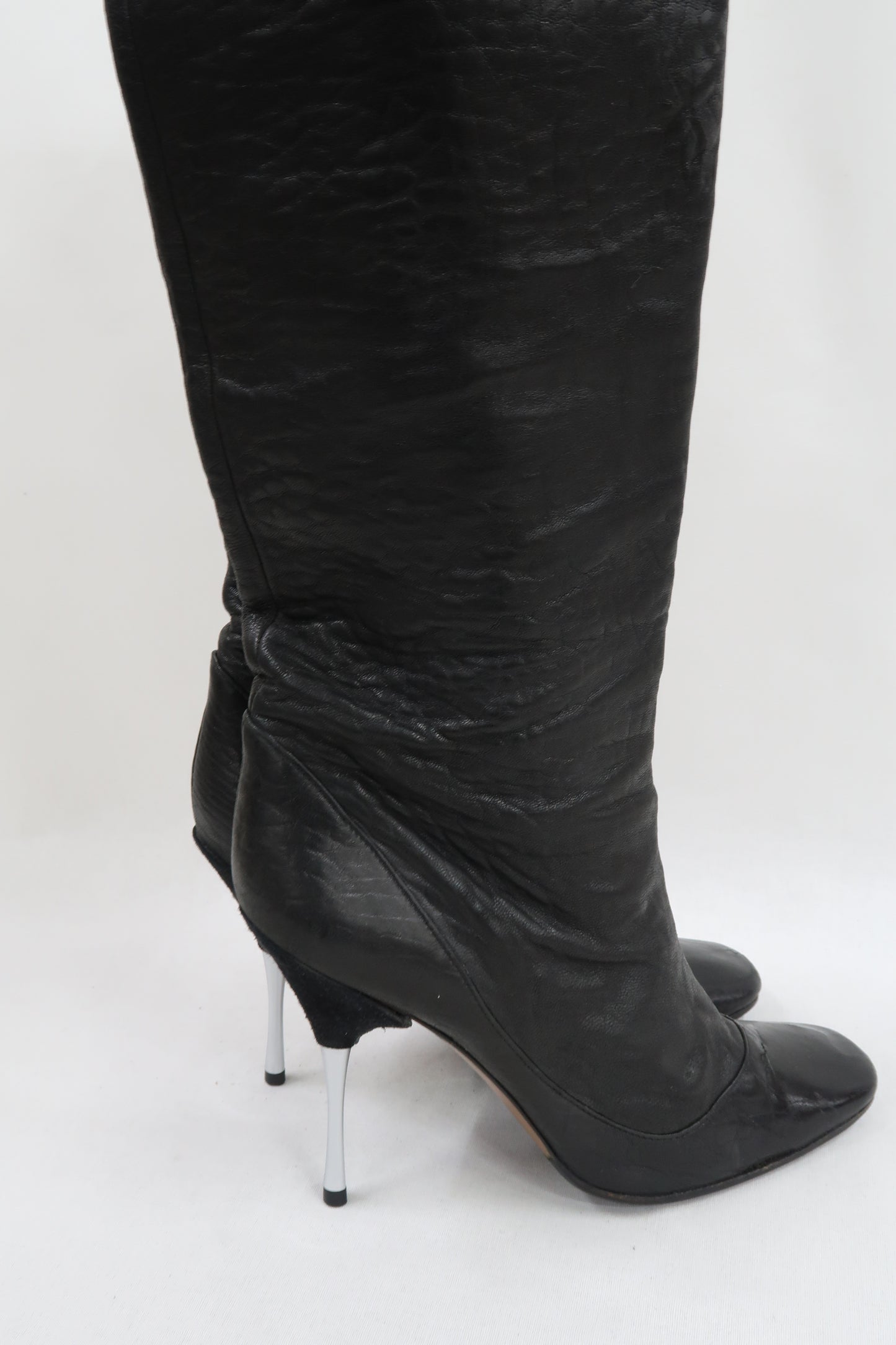 Bottes hautes noires en cuir et à talons aiguilles - Lanvin - 38