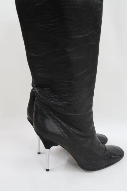 Bottes hautes noires en cuir et à talons aiguilles - Lanvin - 38