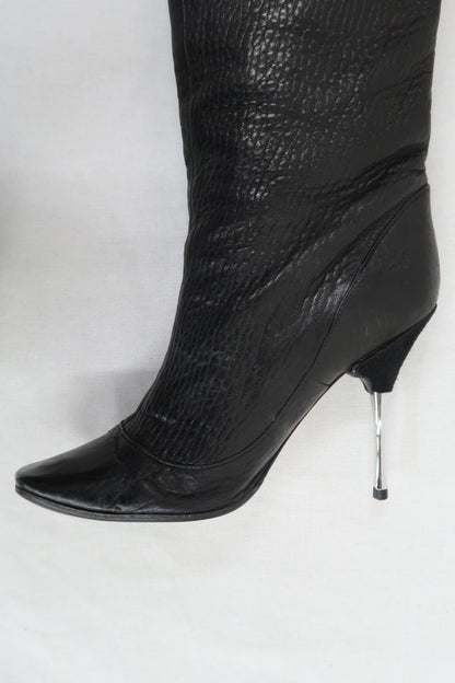 Bottes hautes noires en cuir et à talons aiguilles - Lanvin - 38